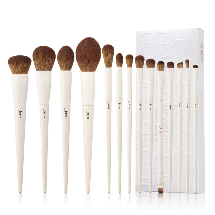 Luxury Light Gray Comprehensive Eye and Face Brush Set 14pcs - Jessup Beauty